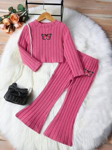 girl's butterfly pattern ribbed round neck tee & flare leg pants two-piece set, casual fashion cozy long sleeve top & bell bottom trousers for daily outdoor wear, girls set for spring & fall