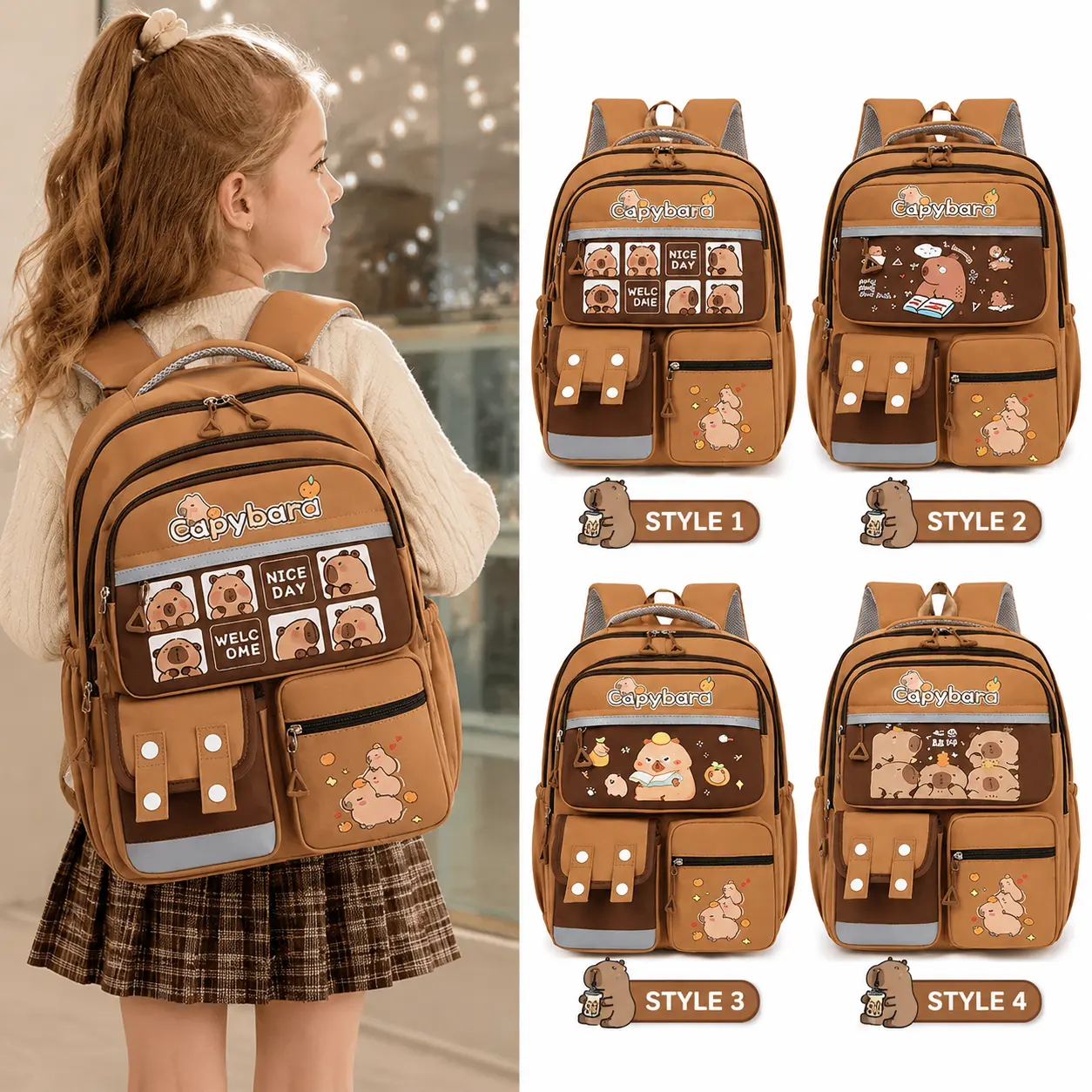 Kids Capybara Cartoon School Backpack Bookbag - Large Capacity, Lightweight, Durable, Multiple Compartments, Adjustable Straps, A4 Notebook-Fit Gym Bag for Kindergarten-Elementary Students Back to School Supplies, Student Class Backpack