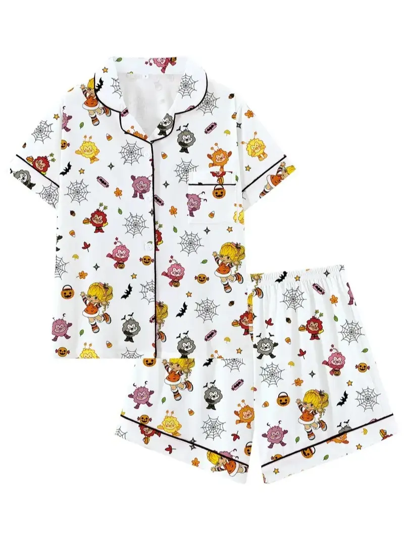 Rainbow Girl Cartoon Retro Cute Collared Short Sleeve Pajama Set, Comfortable Sleepwear for Home and Outdoors, Perfect Gift