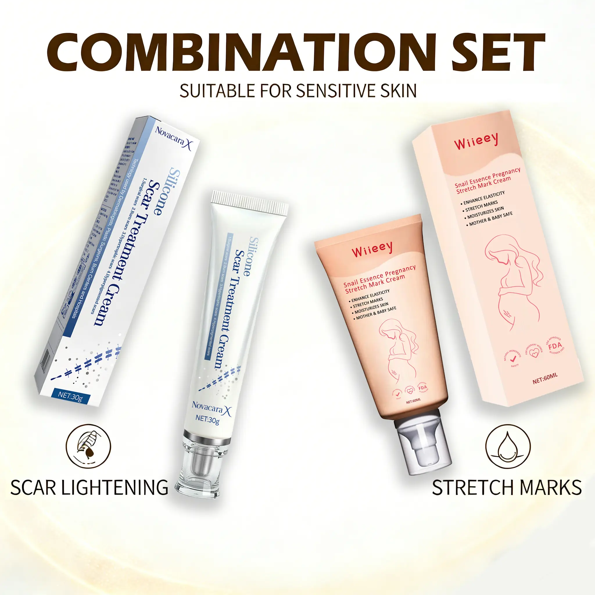 2-in-1 Dual Action Scar & Stretch Mark Repair Set - Medical-Grade Silicone Scar Gel + Snail Essence Stretch Mark Cream, Compact Cream & Gel for Sensitive Skin, Safe for Mothers & Babies, Full Body Use