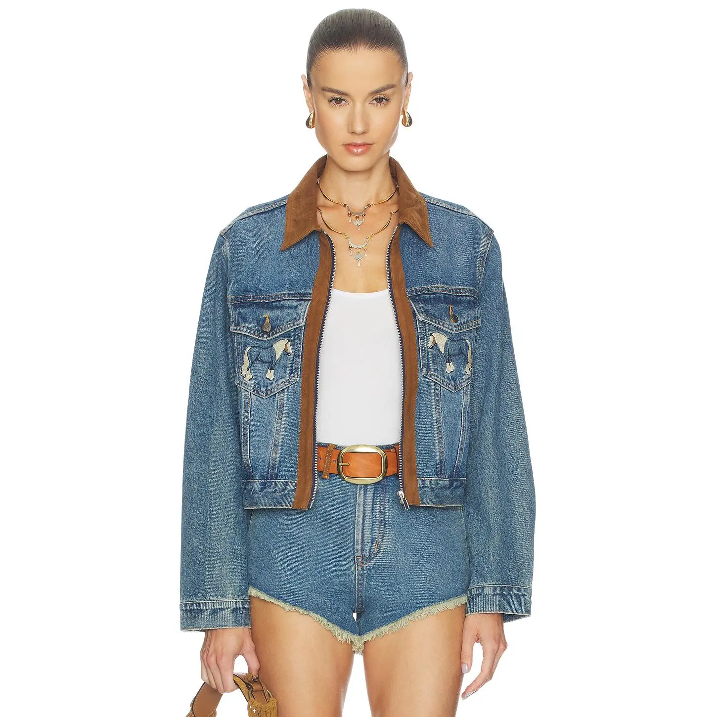 Understated Leather Horsey Jacket in Vintage Blue Denim