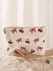 Cherry & Bow Pattern Makeup Bag, Lightweight Multi-functional Fashion Makeup Bag, Casual Travel Makeup Bag, Cute Clutch, Suitable for Leisure Travel and Various Occasions