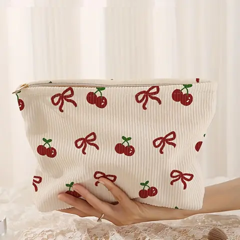 Cherry & Bow Pattern, Lightweight Multi-functional, Casual Travel Makeup Bag, Suitable for Leisure Travel and Various Occasions, Travel Cosmetic Bags, Cosmetics Bag, Makeup Pouch, Travel Beauty Bag