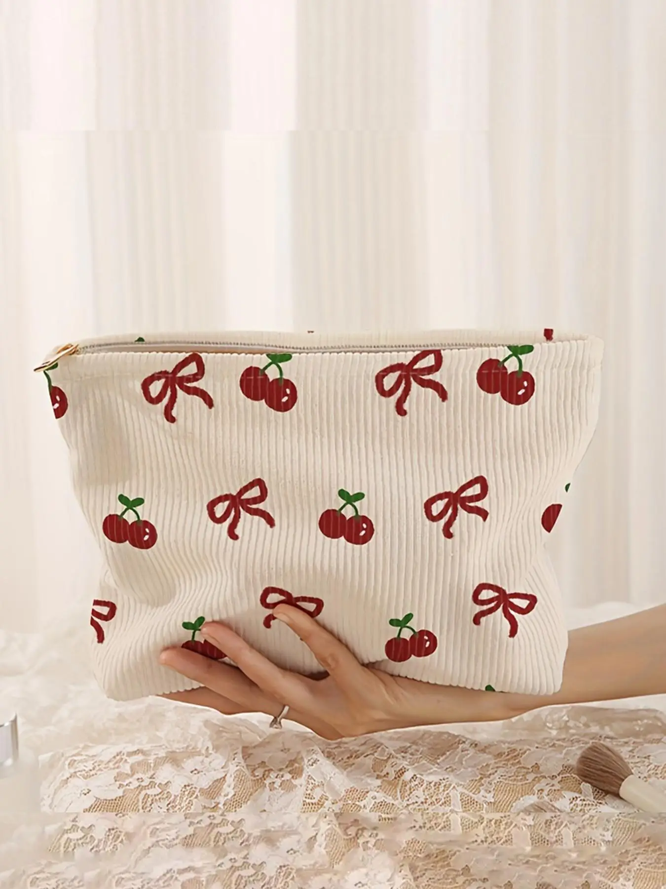 Cherry & Bow Pattern Makeup Bag, Lightweight Multi-functional Fashion Makeup Bag, Casual Travel Makeup Bag, Suitable for Leisure Travel and Various Oc