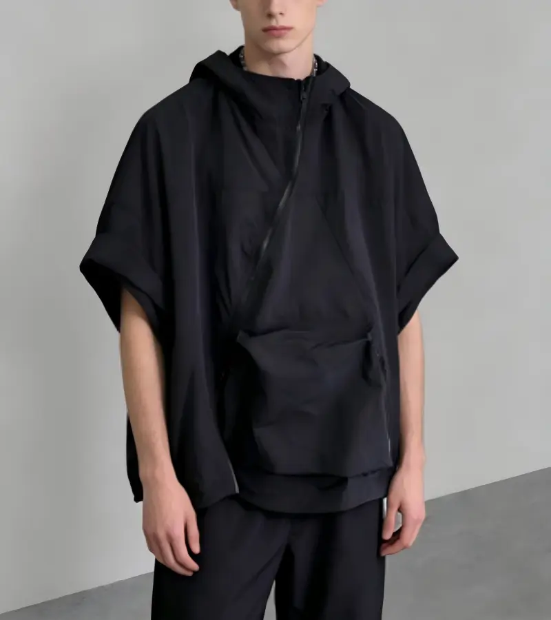 Men's Hooded Short-Sleeve Pullover Menswear Sweatshirt - American-Style, Asymmetrical Diagonal Zipper, Loose Drop-Shoulder Silhouette, Large Pockets, Solid Color Half-Zip Design, Sweatshirts