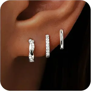 Gold Huggie Hoop Earrings Set for Women, Dainty Small  Earring for Multiple Piercing Hypoallergenic Jewelry, Trendy Twisted CZ Cartilage Earings for Women's Mother Gifts 3Pairs