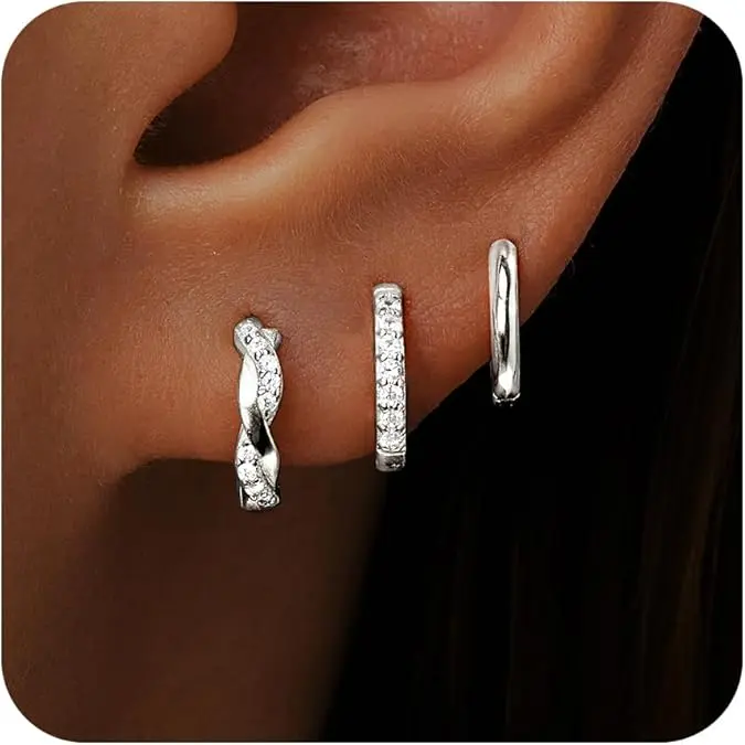 Gold Huggie Hoop Earrings Set for Women, Dainty Small  Earring for Multiple Piercing Hypoallergenic Jewelry, Trendy Twisted CZ Cartilage Earings for Women's Mother Gifts 3Pairs