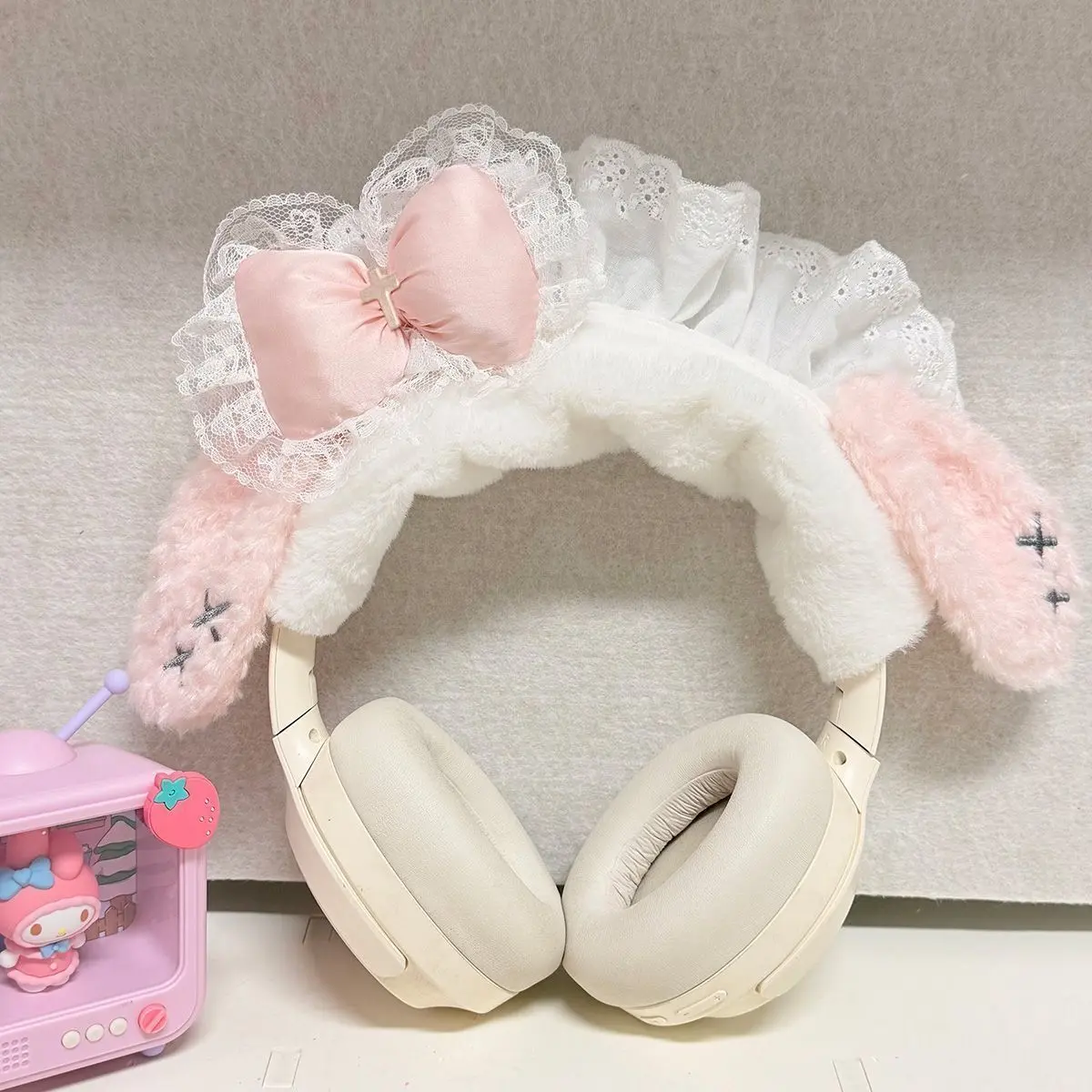 Cute Plush Bunny Headphone Headband Cover - Soft Kawaii Over-Ear Headset Protector with Protection, Decorative Audio Accessory for Phones & Electronics