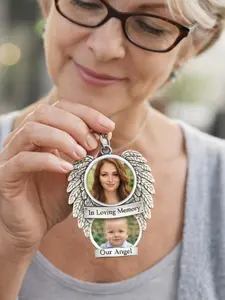 Custom Double-Sided Memorial Angel Wing Pendant – Personalized Photo Necklace | In Loving Memory Car Charm | Custom Photo Keepsake Gift