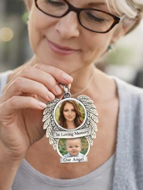 Unisex Custom Double-Sided Memorial Angel Wing Pendant Necklace, Personalized Photo Charm with Unisex Names, In Loving Memory Keepsake Gift