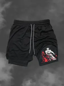 Summer Casual Fitted Double-Layer Multi-Pocket Shorts, Stylish Printed Gym Shorts for Active Wear, Breathable Fitness Shorts, Comfortable Summer, Graphic Print Shorts