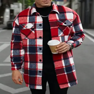 Men's Vintage Plaid Fleece Jacket - Oversized Loose Fit Button-Front Closure Winter Coat with Lapel Collar & Double Pockets, H-Type Silhouette,  Button-Up Collar Design, Plaid Pattern in Red/Black/White/Blue/Beige, Relaxed Fit for Adults