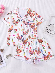Women's 2-Piece Cute Chicken & Floral Print Pajama Set, Short Sleeve Button-Down Top & Shorts, Soft Breathable Loungewear, Casual Homewear with Pastoral Hen Pattern, Cozy All-Season Sleepwear for a Relaxing Home Vibe