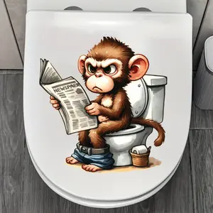 Funny Animal Toilet Lid Stickers Waterproof Cartoon Monkey Bathroom Wall Decals Home Decor, Fun Toilet Cover Stickers for Bathrooms