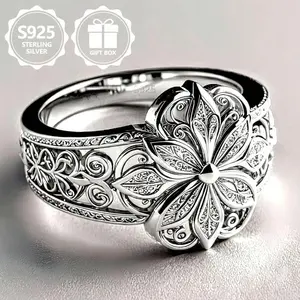 925 Sterling Silver Middle Eastern Style Retro Engraved Ring, Suitable For Women And Men Exquisite Hollow Design Silver Flower Engraved High Quality Ring, Symbolizing Elegance And Nobility, Suitable For Daily Wear Holiday Gift Box