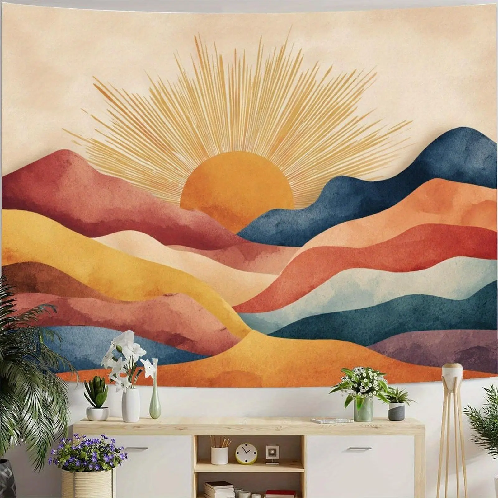 Bohemian Mandala Sunrise Rectangular Wall Tapestry - Vibrant Abstract Mountain Scenery, Durable Polyester Fabric Boho Home Decor, Ideal Gift for Home Supplies, One-Piece