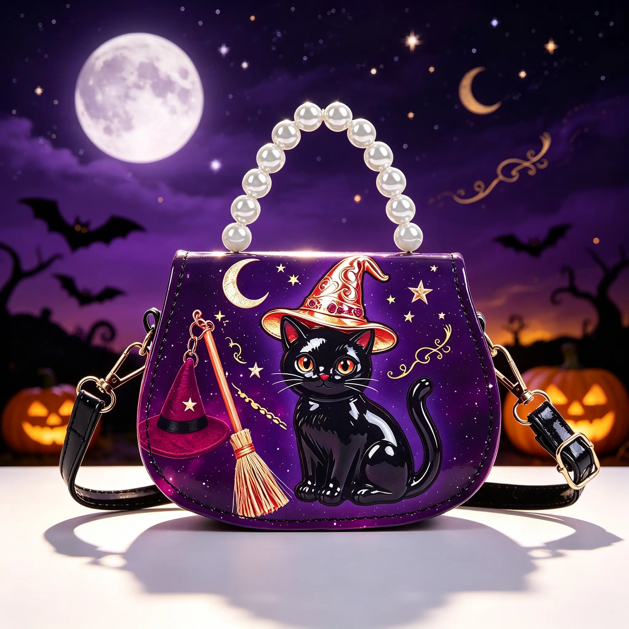 Women's Halloween Magic Cat Crossbody Coin Purse - Pumpkin-Design Crossbody Bag with Pearl Strap, Bat Decoration, Festive Accessory for Holiday Party Outfits