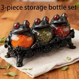 Gothic Witch Frog Spice Jar Set, Vintage Handmade Apothecary Jar with Carved Base, Kitchen Dark Series Food Storage Container
