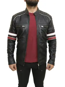 Men's Classic Black Moto Racer Biker Lambskin Real Leather Jacket with Striped Sleeves and Zip Pockets Medium Fit