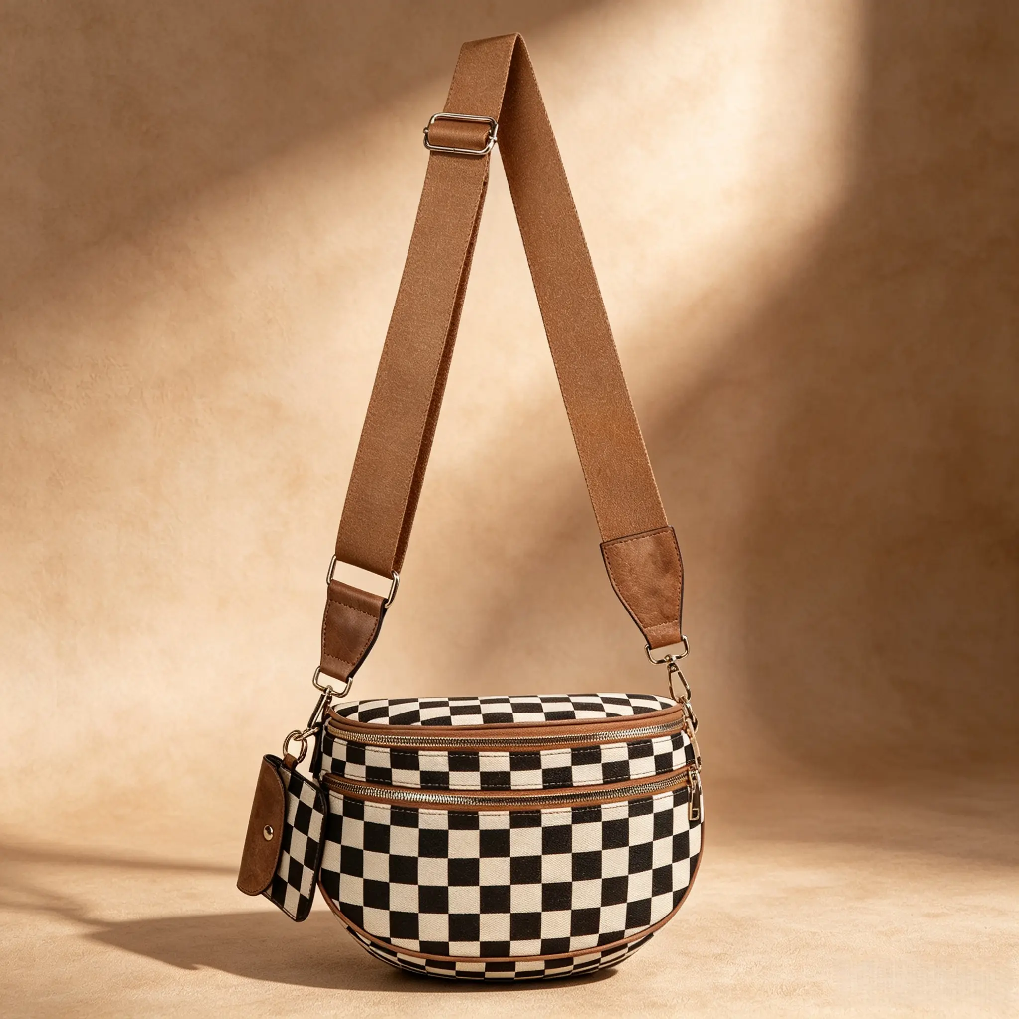 Black & White Checkered Crossbody Bag with Mini Pouch - Women's Adjustable Strap Chest Bag for Everyday UseFashionable Plaid Shoulder Bag