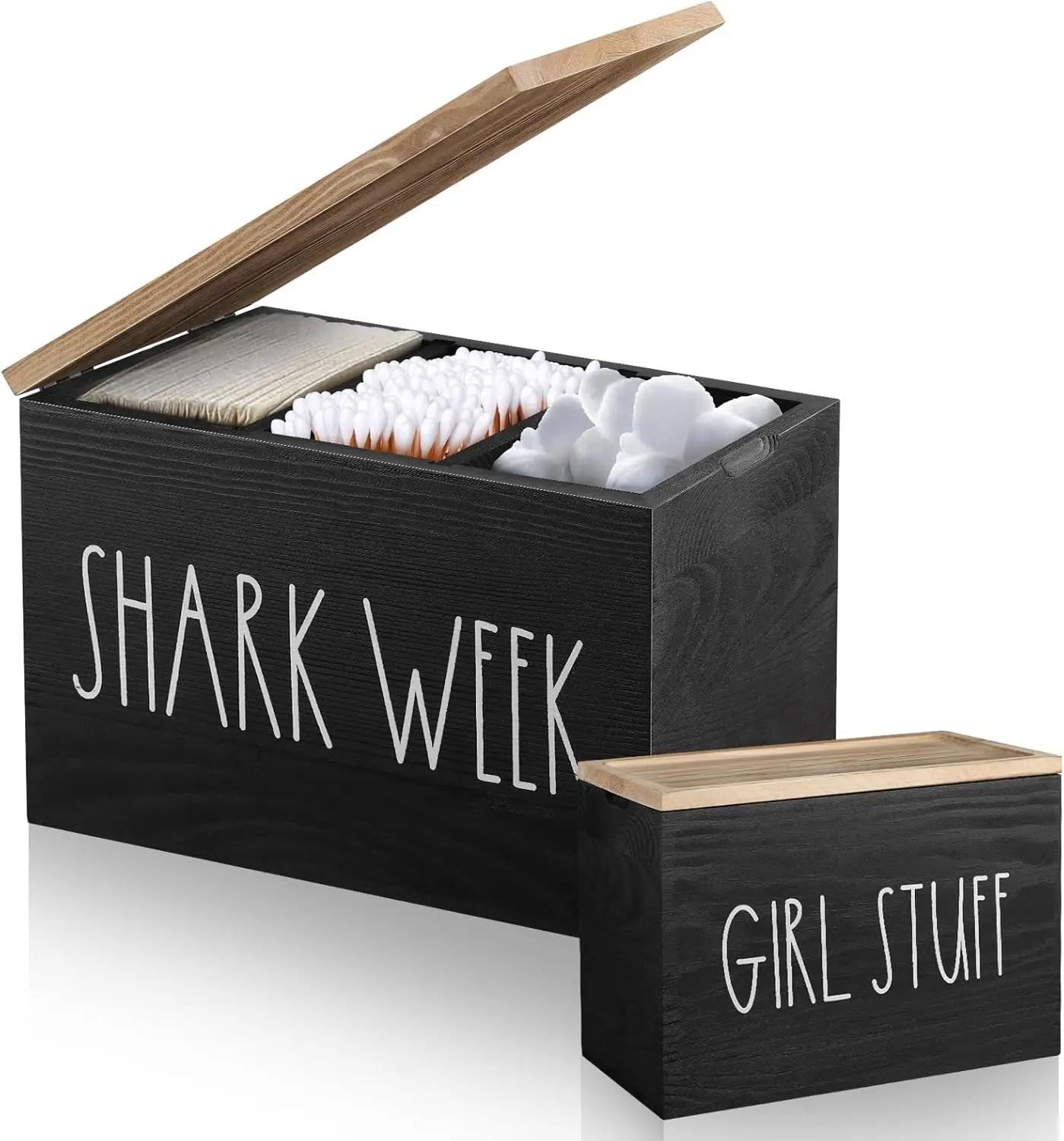 Tampons Holder for Bathroom, Pad and Tampon Organizer with Tray Lid, Wooden Feminine Product  Week Tampon Storage Organizer, Bathroom Accessories Small Storage Box - Black