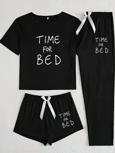 Three-Piece Pajama Set for Women, Casual Fitted Loungewear Sleepwear with Random Letter Prints, Comfortable All-Season Nightwear, Pjs