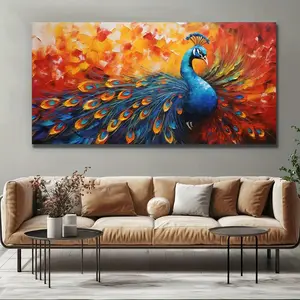 1 Radiant Peacock Abstract Canvas Wall Wrap Frame, Vibrant Blue, Orange, Red, Yellow Modern Vintage Painting for Living Room, Bedroom, Office, Kitchen, Bathroom Decoration