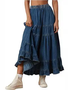 YEXPINE Women's Swing Chambray Maxi Skirt Elastic Waist Pleated Tiered Flowy Long Skirts Retro Denim Skirt