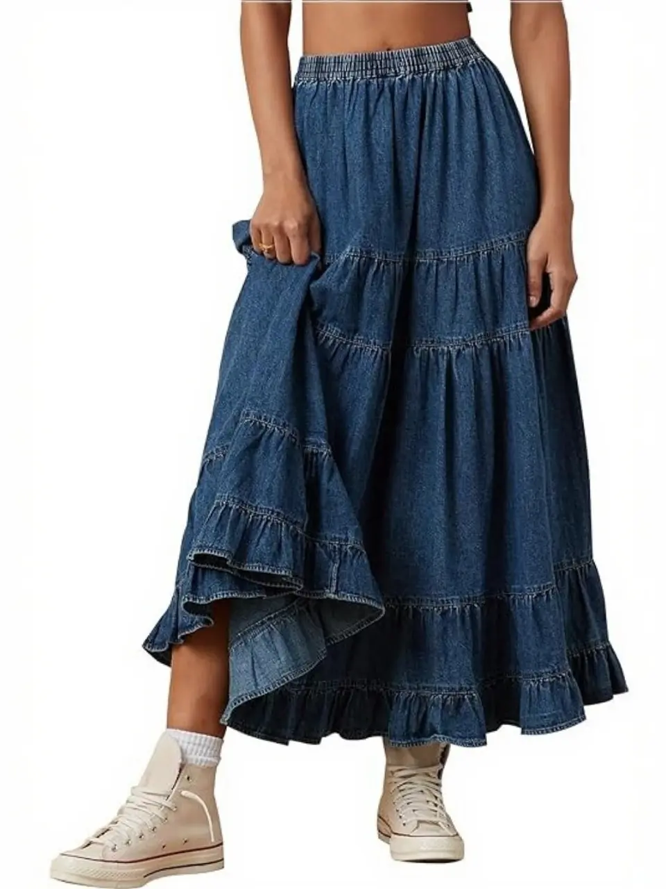 YEXPINE Women's Swing Chambray Maxi Skirt Elastic Waist Pleated Tiered Flowy Long Skirts Retro Denim Skirt