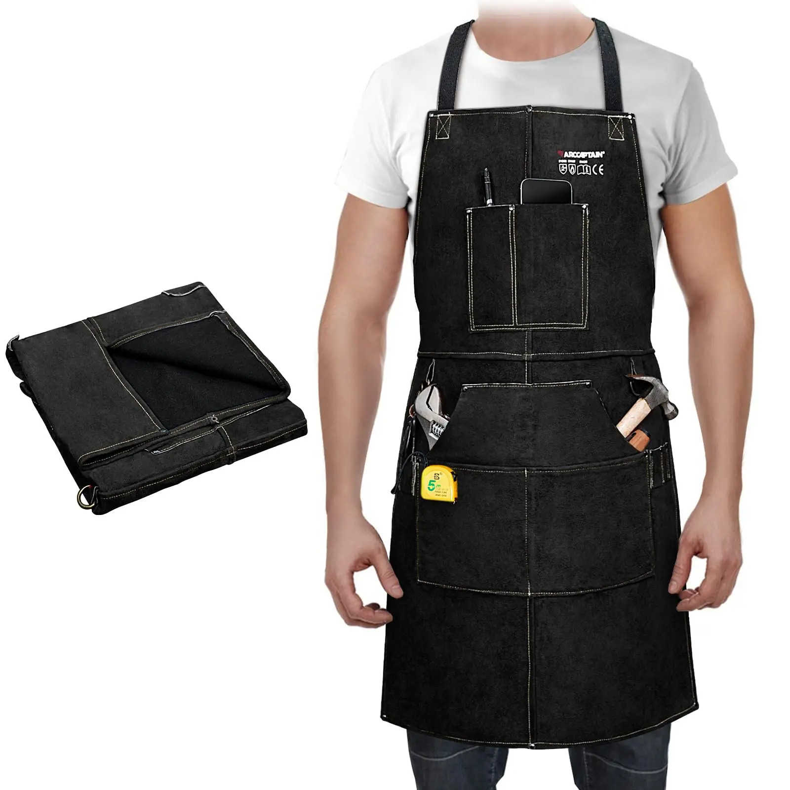 Leather Welding Work Apron 24" X 36" Heat Resistant Cowhide Blacksmith Aprons With 6 Tool Pockets For Welders Men Women  Adjustable M To Xxxl-black