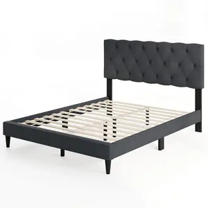 COSTWAY - Upholstered Platform Bed with Tufted Headboard and Wooden Slats Gray-Full Size