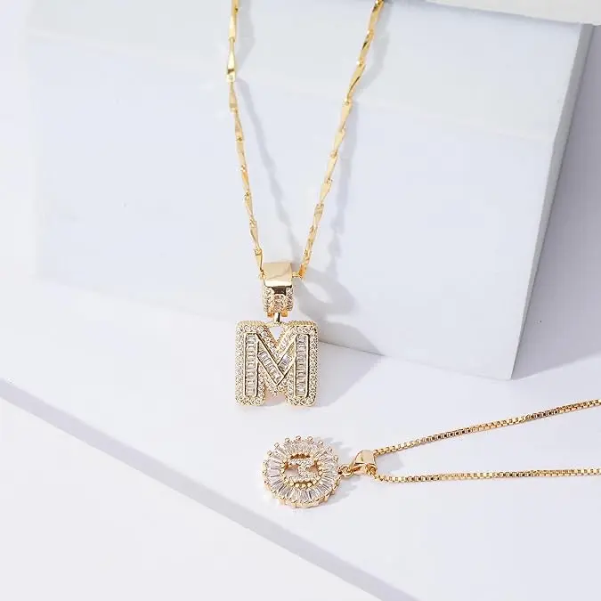 Women's 14K Gold Plated Custom Initial Necklace Set, 2PCS Personalized Bling Name Jewelry for Mom, Trendy Costume Accessory