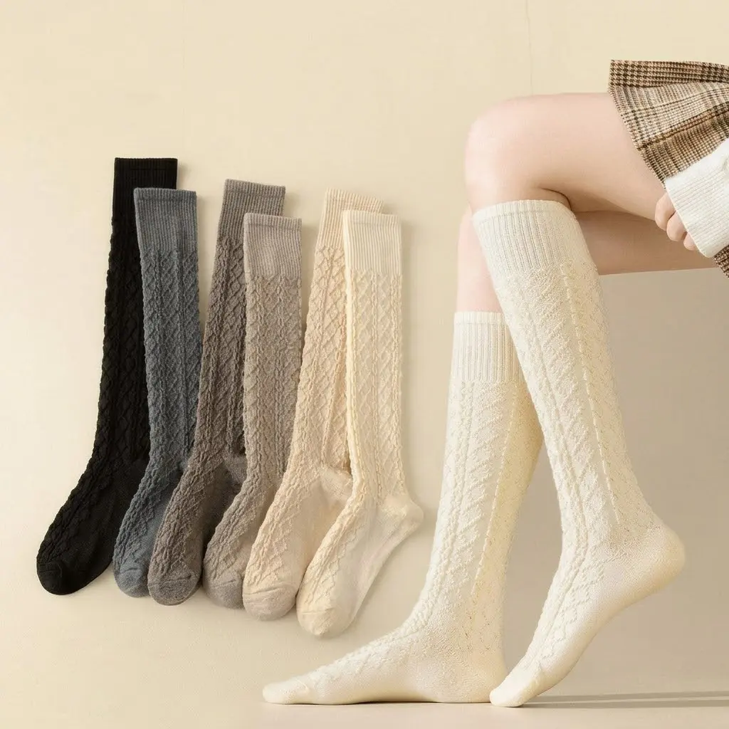 6 Pairs Women Knee High Socks, Vintage Cable Knit Diamond Pattern Tall Socks, Retro School Academy Style Preppy JK Uniform Long Boot Socks for Cosplay