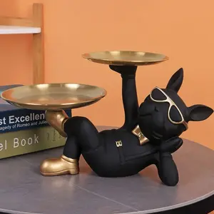 Cool Resin Dog Statue with Two Trays and Cute Glasses, French Bulldog Miniature Decor, Animal Sculpture Home Decoration
