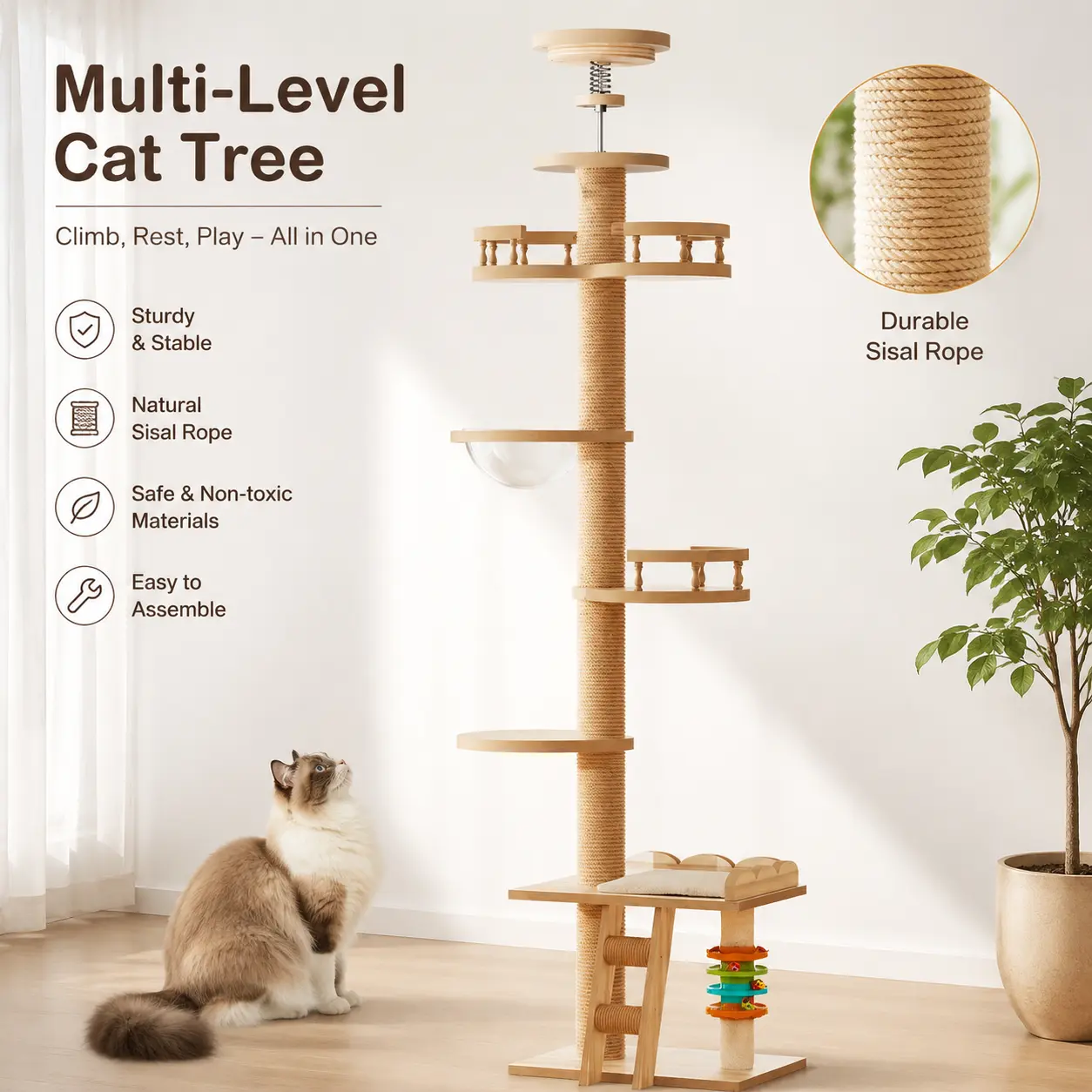 littleox Adjustable Height Floor-to-Ceiling Cat Tree Made of MDF Board, Tall Cat Tower with Sisal Scratching Post, Bubble Window Perch, Ladder & Rotatable Toy Balls for Indoor Cats