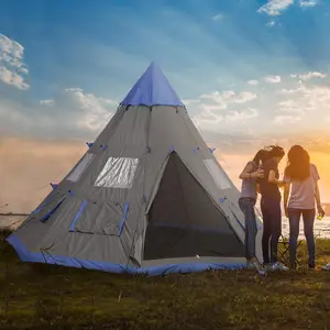 12Ft Camping Tent 6-7 Person 4 Season with 8 Mesh Windows Outdoor Teepee Tent Waterproof Material Solid Aluminum Frame Portable Design