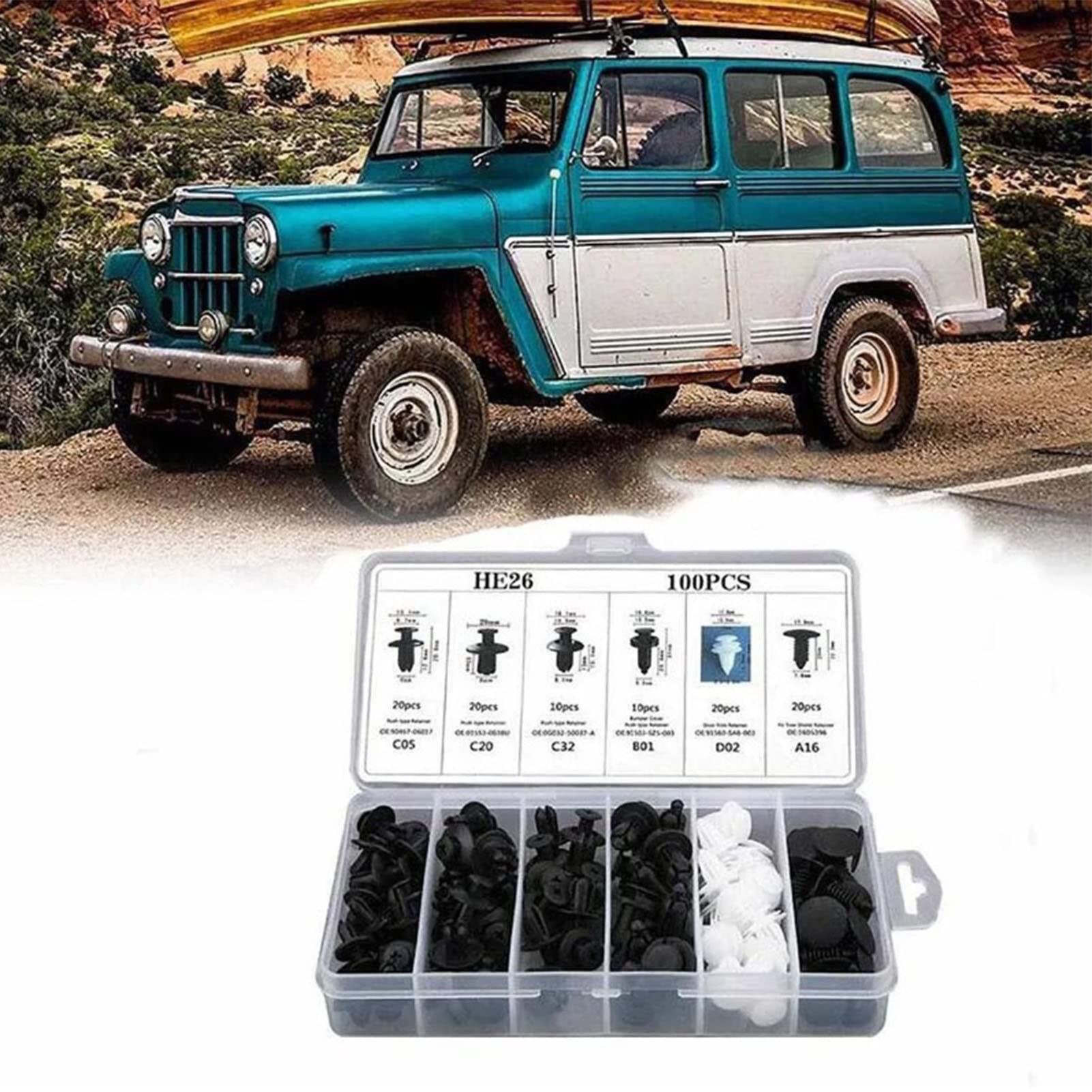 100Pcs Automotive Push Pins Clips Set Heavy-Duty Nylon Bumper Fasteners for Car Body Trim Door Panels Shields Replacement Kit for Vehicles