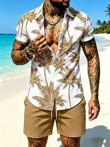 Men's Fashion Coconut Tree Print Tropical Short Sleeve Shirt + Drawstring Shorts Set, Casual Fitted Style, Summer Outdoor Wear, 2-Piece