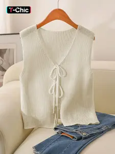 Women's Plain Basic V-Neck Bow Tie Knit Vest Cardigan, Casual Loose-Fitting Outerwear, Elegant Fashion Knitwear Sweater for Daily Wear