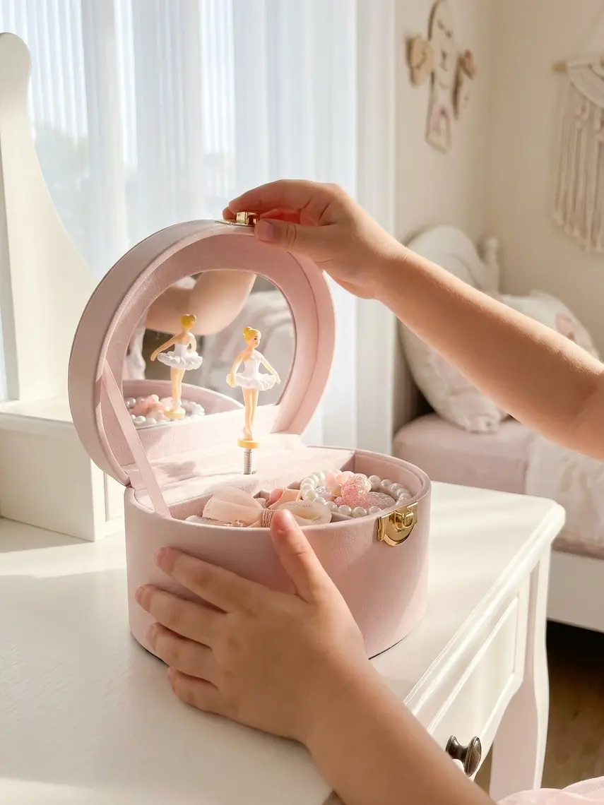 VLANDO Musical Trinket Jewel Box with Ballerina - Halfmoon Charm, Watercolor Design, Spinning Music, Large Space, Mirror, Multifunctional Jewelry Organizer, Girls' Accessory Holder, Bedroom Home Decor, Daily Delight Gift for Kids' Birthday, Adds Elegance