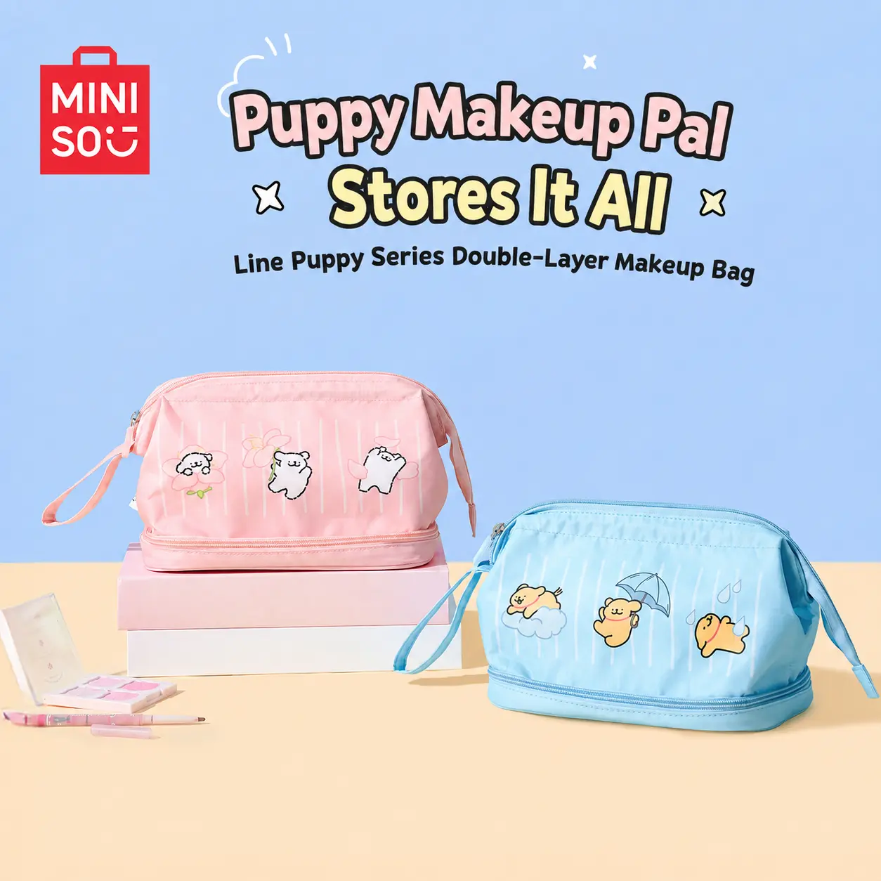 MINISO Line Puppy Double-Layer Large Capacity Makeup Bag - Cosmetics Bag, Makeup Organizer Pouches, Portable Cosmetic Pouch, Travel Accessory for On-the-Go Use, Vanity Organization, International Travel, Back To School, Cartoon Artwork Make-Up Bags