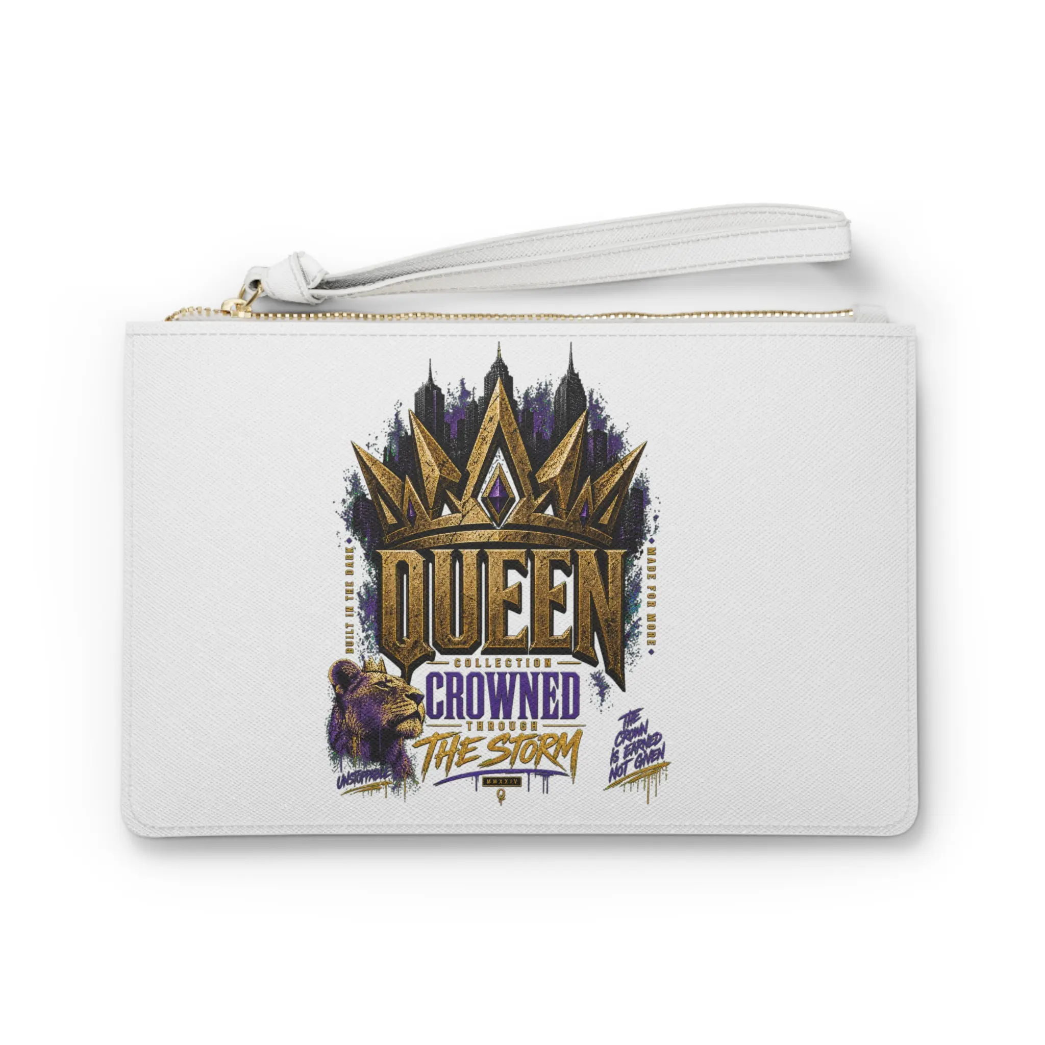 Queen Crowned Clutch Bag | Earned Not Given Typography, Purple Gold
