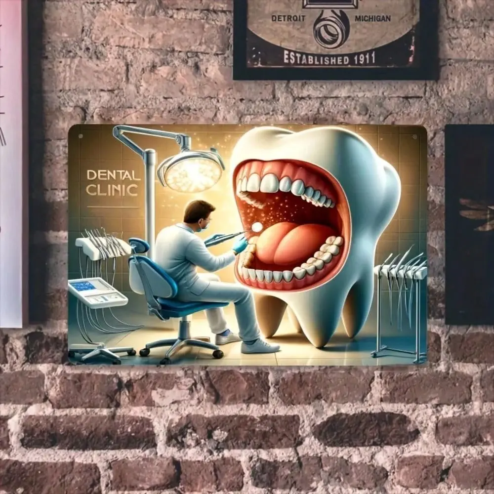 Aluminum Dental Clinic Sign Wall Art with Huge Tooth and Dentist at Work, Durable Office Decor and Unique Professional Gift for Dentists