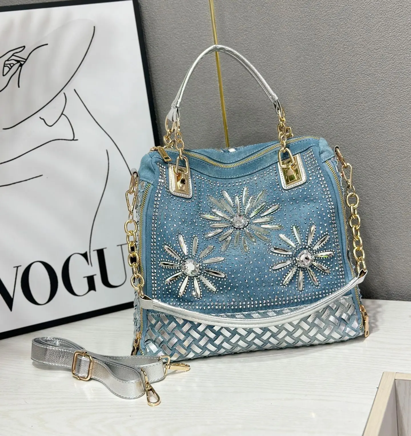 Chic Woven Shoulder Bag for Women, Diamond-Embellished Crossbody Purse with Spacious Interior for Travel & Shopping