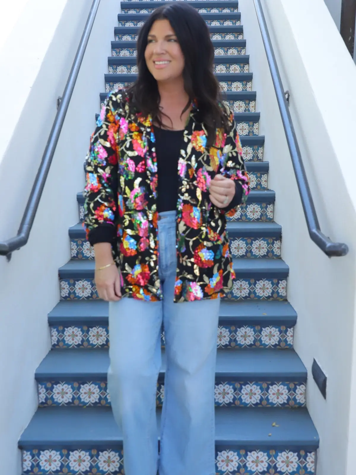 Colorful Floral Sequin Blazer Black Eras