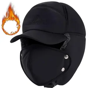 Inborntrait Men's Trapper Hat Thermal Faux Fur Lined Trooper Aviator Winter Windproof Hat with Removable Ear Flaps & Warm Mask 3-in-1 Black cold