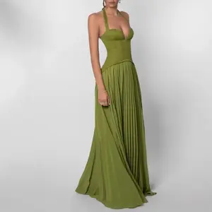 Women'S Sexy Halter Neck Low-Cut Backless Waist-Cinching Pleated Bright Green Bridesmaid Dress Minimalist, Back-Tie Strapless Dress