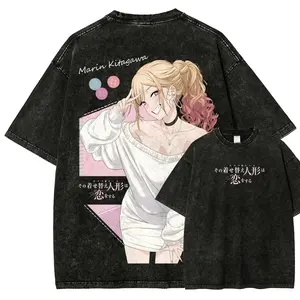 Unisex My Dress-Up Darling Marin Kitagawa Vintage Anime Graphic Oversized Tee - Heavyweight Cotton Acid Wash Harajuku Gyaru Waifu Streetwear Top, Matching Jeans-Jacket Garment with Styled Hem