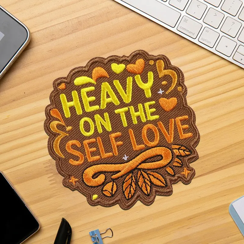 Heavy on the Self Love Embroidered Patch, Back Adhesive Iron-On, Suitable for Clothes Jackets Hats Accessories, DIY Craft Supplies, Heart Embroidery, Embroidery Patches