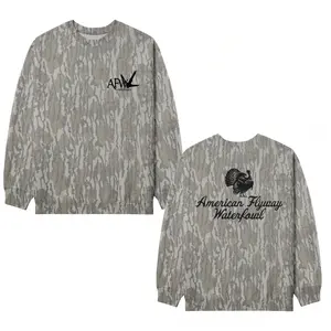 AFW Outdoors Turkey Mossy Oak Bottomland Washed Out Camo Sweatshirt, Hunting Camo Hooded Sweater, Western Rodeo Graphic Hoodie, Vintage Camo Cowboy Aesthetic, Country Streetwear for Men & Women Fabric